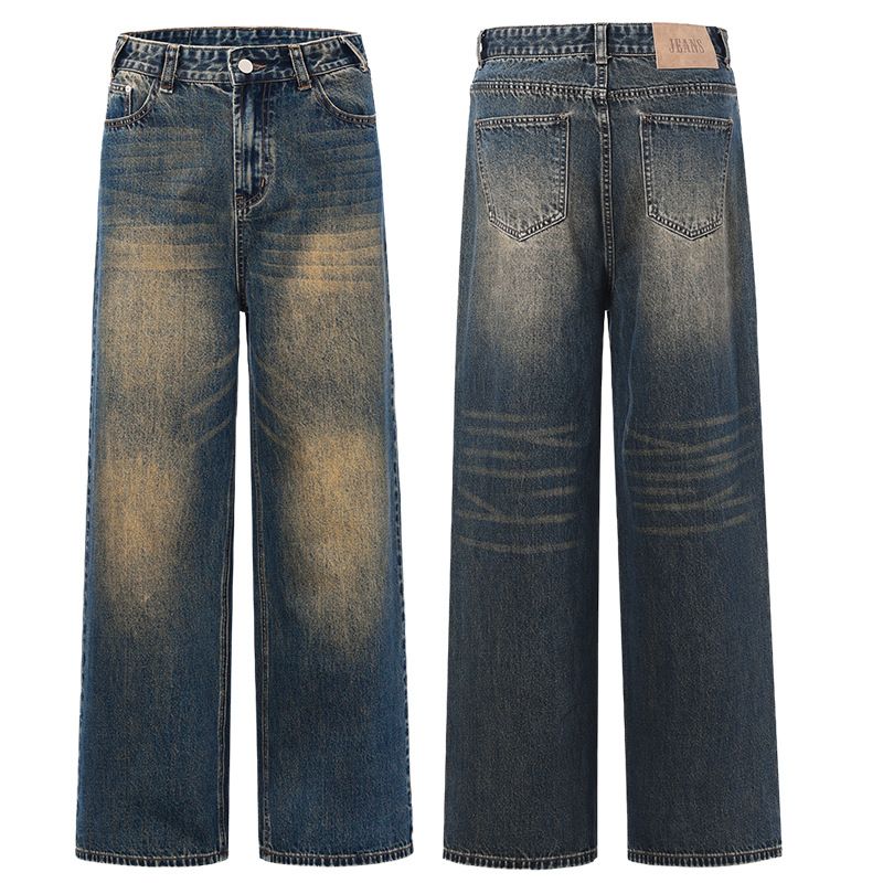 Men's Clothing & Archer0603 & Retro Washed American High Street Yellow Mud Color Wide Leg Jeans Men's Floor Length Distressed Straight Leg Pants_mkmklike.com