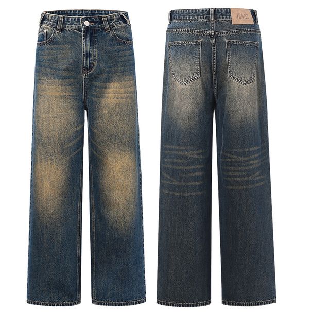Men's Clothing & Archer0603 & Retro Washed American High Street Yellow Mud Color Wide Leg Jeans Men's Floor Length Distressed Straight Leg Pants_mkmklike.com