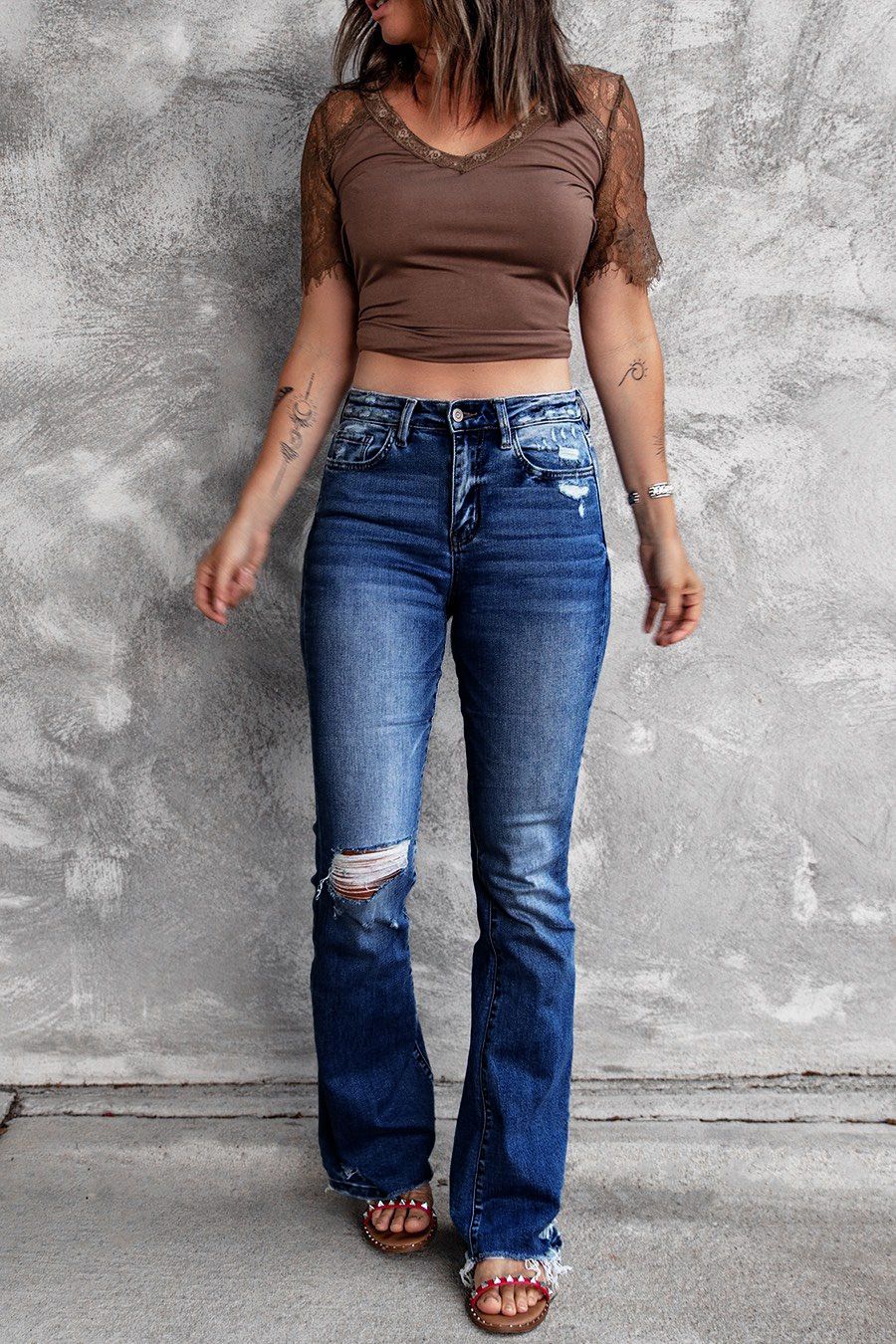 Women's Clothing Autumn And Winter New High Waist Elastic Raw Edge Hole Fashion Bell Bottom Pants Jeans_mkmklike.com
