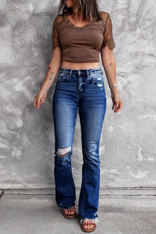 Women's Clothing Autumn And Winter New High Waist Elastic Raw Edge Hole Fashion Bell Bottom Pants Jeans_mkmklike.com