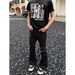 Men's Retro Lace-Up Black Stretch Cargo Jeans - High-Waisted Slim Fit Bootcut Pants For Spring & Summer_mkmklike.com