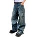 Men's American Style Deconstructed Washed Denim Jeans Loose Fit Straight Leg Distressed Heavyweight Wide Leg_mkmklike.com