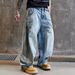 Men’s Retro Blue Wide-Leg Distressed Jeans – Vintage Bamboo Print & High Street Loose Fit_mkmklike.com