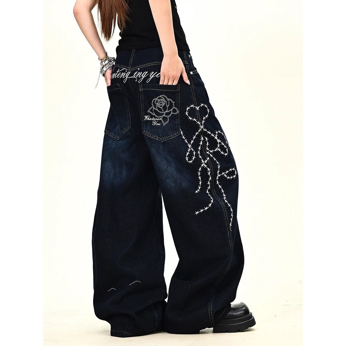 Gothic Black Rose Embroidered Flared Jeans – Vintage Wide-Leg Denim Pants For Women & Men (S-3XL, Y2K Retro Streetwear, Unisex Fit, Distressed Wash)_mkmklike.com