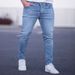 Men's Slim Fit Stretch Jeans - Classic Blue Distressed Denim, Mid-Rise With Tapered Leg (S/M/L/XL/XXL)_mkmklike.com