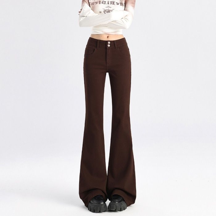 Minghai Sweet Cool Style Ankara Red Micro Flare Double Button Jeans For Women, New Autumn High-Waisted Slimming Long_mkmklike.com