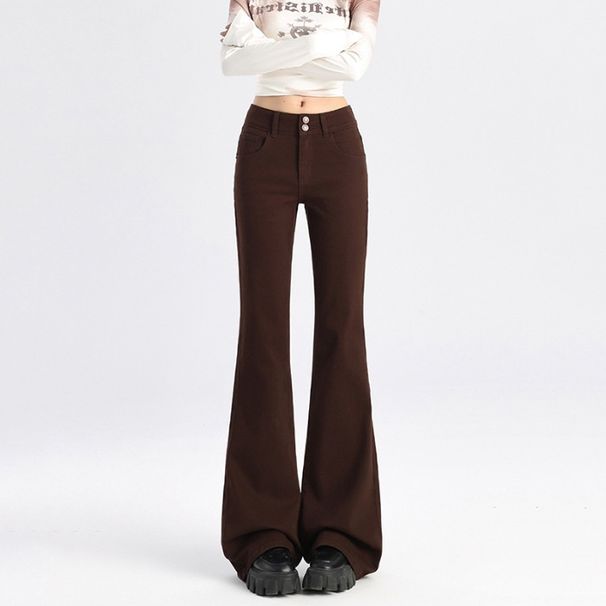 Minghai Sweet Cool Style Ankara Red Micro Flare Double Button Jeans For Women, New Autumn High-Waisted Slimming Long_mkmklike.com