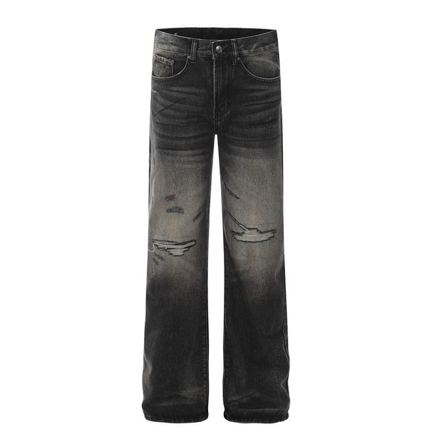 American Style Ripped Jean For Men High Street Trend Brand Ina Looe Caual Wahed Straight Pant Wide Leg Long_mkmklike.com