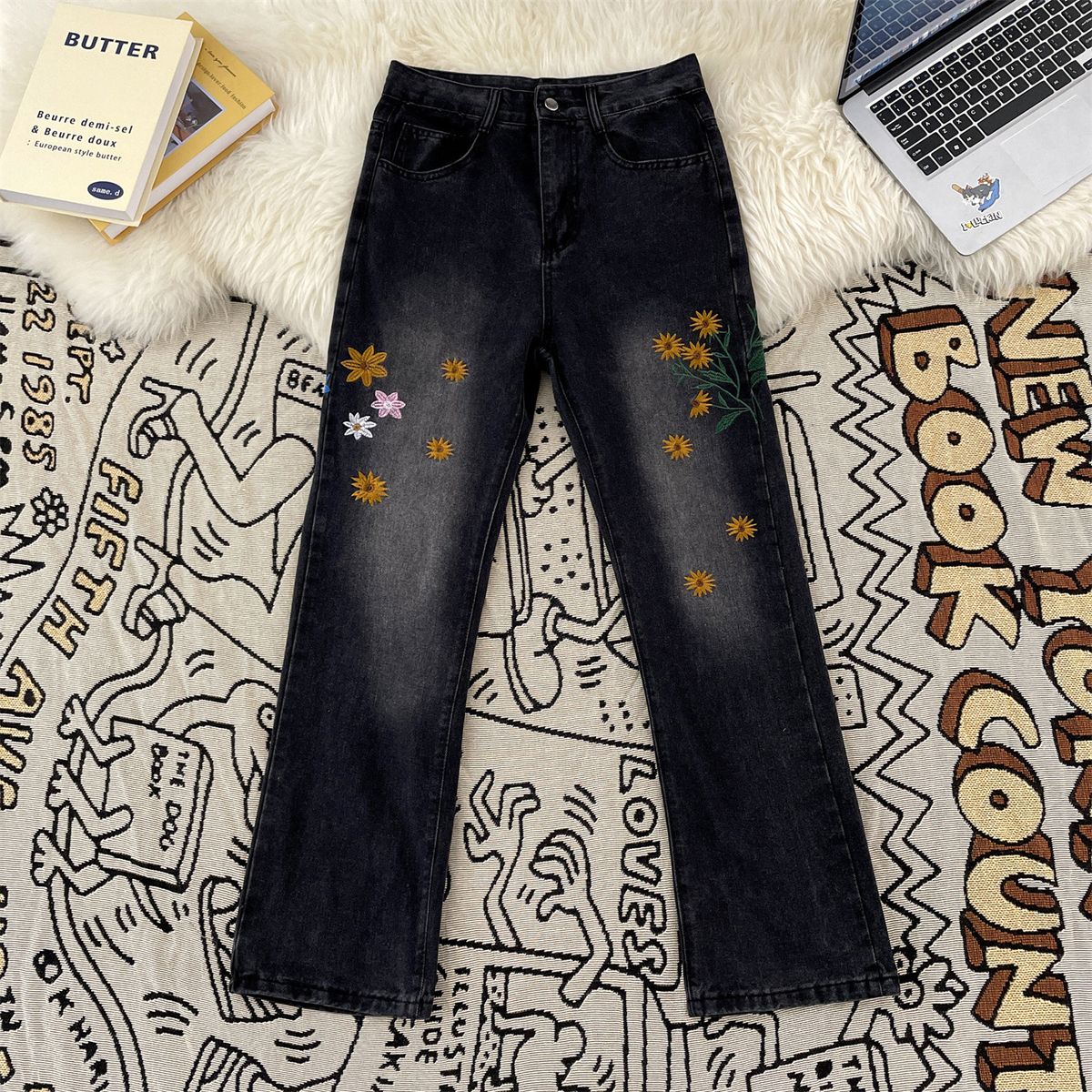 Men's Clothing Embroidered Jeans American Retro Embroidered Floral Jeans – High Street Fashion, Straight-Leg & Slight Flare, Unisex Vintage Denim_mkmklike.com
