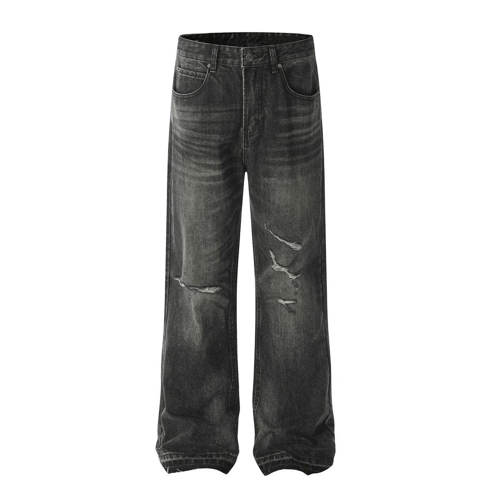 Vintage Punk Distressed Ripped Jeans Street Style Knife Cut Destroyed Washed Frayed Wide Leg Straight Pants For Men_mkmklike.com