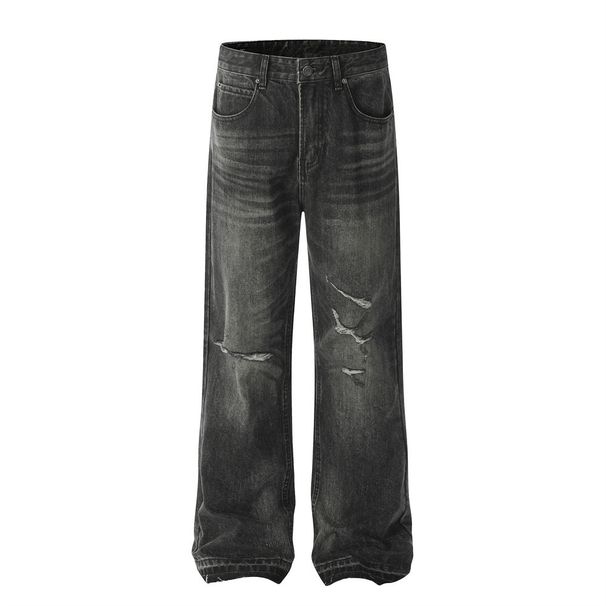 Vintage Punk Distressed Ripped Jeans Street Style Knife Cut Destroyed Washed Frayed Wide Leg Straight Pants For Men_mkmklike.com