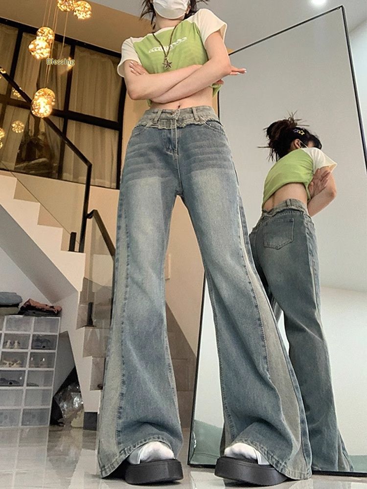 Plus-size Vintage Denim Jeans Women, Summer American Style, New Design With Patchwork, Petite-friendly, Slightly Flared_mkmklike.com