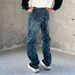 Men's Loose Fit Straight Leg Vintage Washed Denim Jeans With All-Over Print, Comfortable Cotton Casual Pants For Teenagers_mkmklike.com