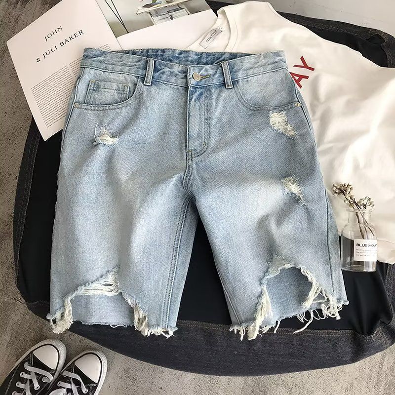 Men's Clothing Men's Style Slim Fit Ripped Denim Shorts Summer Thin Casual Trendy Brand Five Point Breeches_mkmklike.com