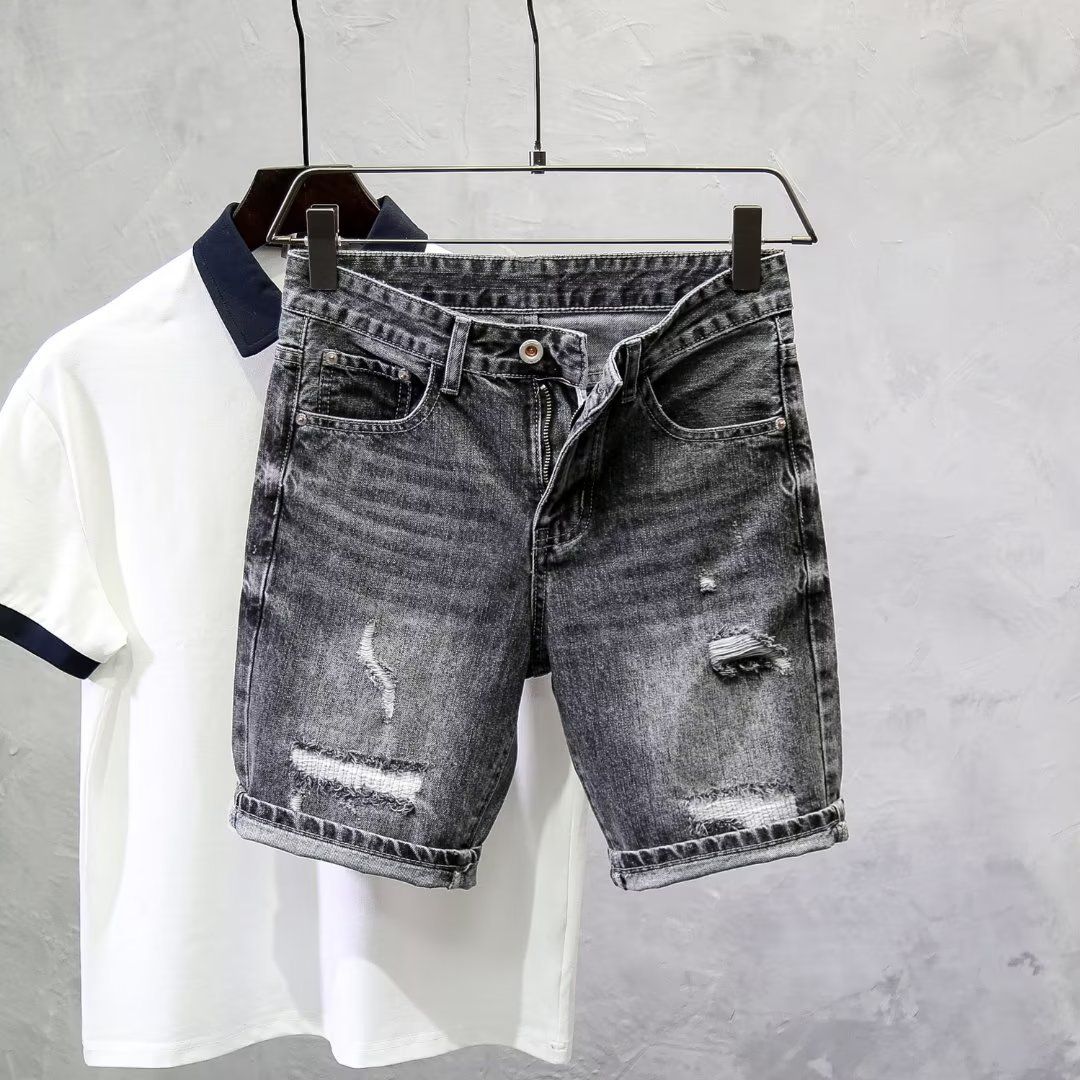 Men's Clothing Ripped Denim Shorts Men's Summer New Style Black And Gray Slim Straight Pants High Street All Match Shorts_mkmklike.com
