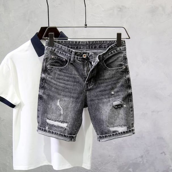 Men's Clothing Ripped Denim Shorts Men's Summer New Style Black And Gray Slim Straight Pants High Street All Match Shorts_mkmklike.com