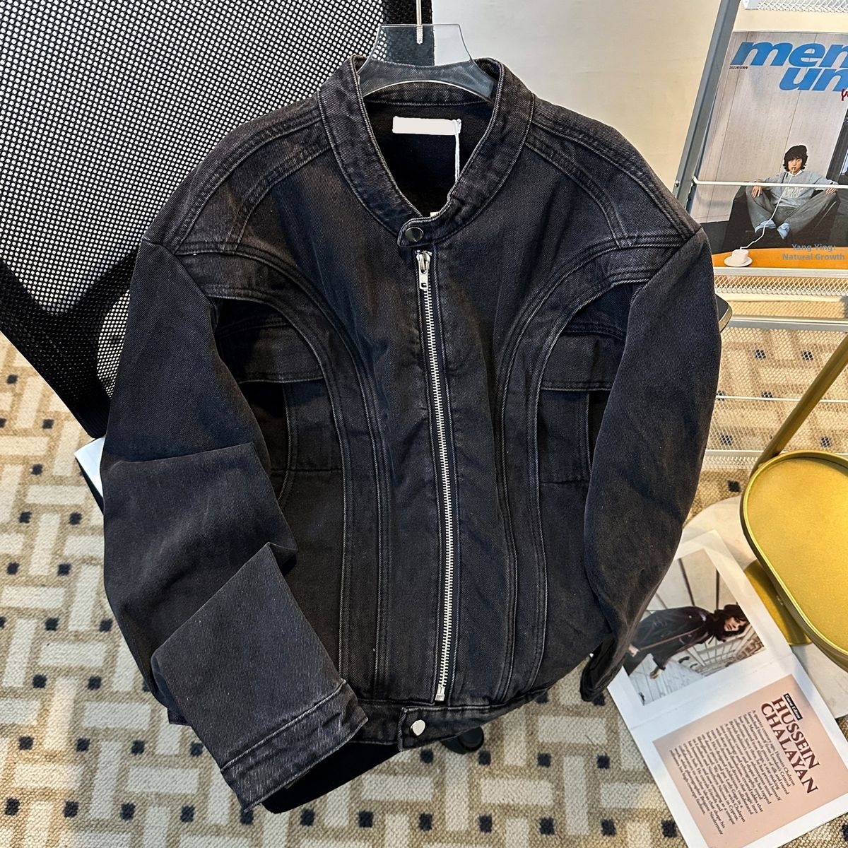 Unisex Heavy Industrial Denim Jacket with Patchwork Design Shoulder Pad Long Sleeves Zipper Stand Collar Trendy American Style for Spring/Summer_mkmklike.com