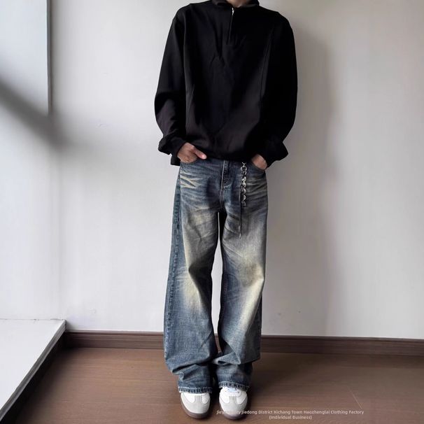 Men's Vintage Washed Blue Jeans – High Street Clean Fit, Straight-Leg With Slight Flare, Retro Distressed Denim (S-XXXL, Mid-Rise, 60% Cotton)_mkmklike.com