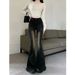 Vintage Black Gray High Waist Flared Stretch Tassel Jeans For Women With Design Sense, Washed Versatile Petite Bootcut_mkmklike.com