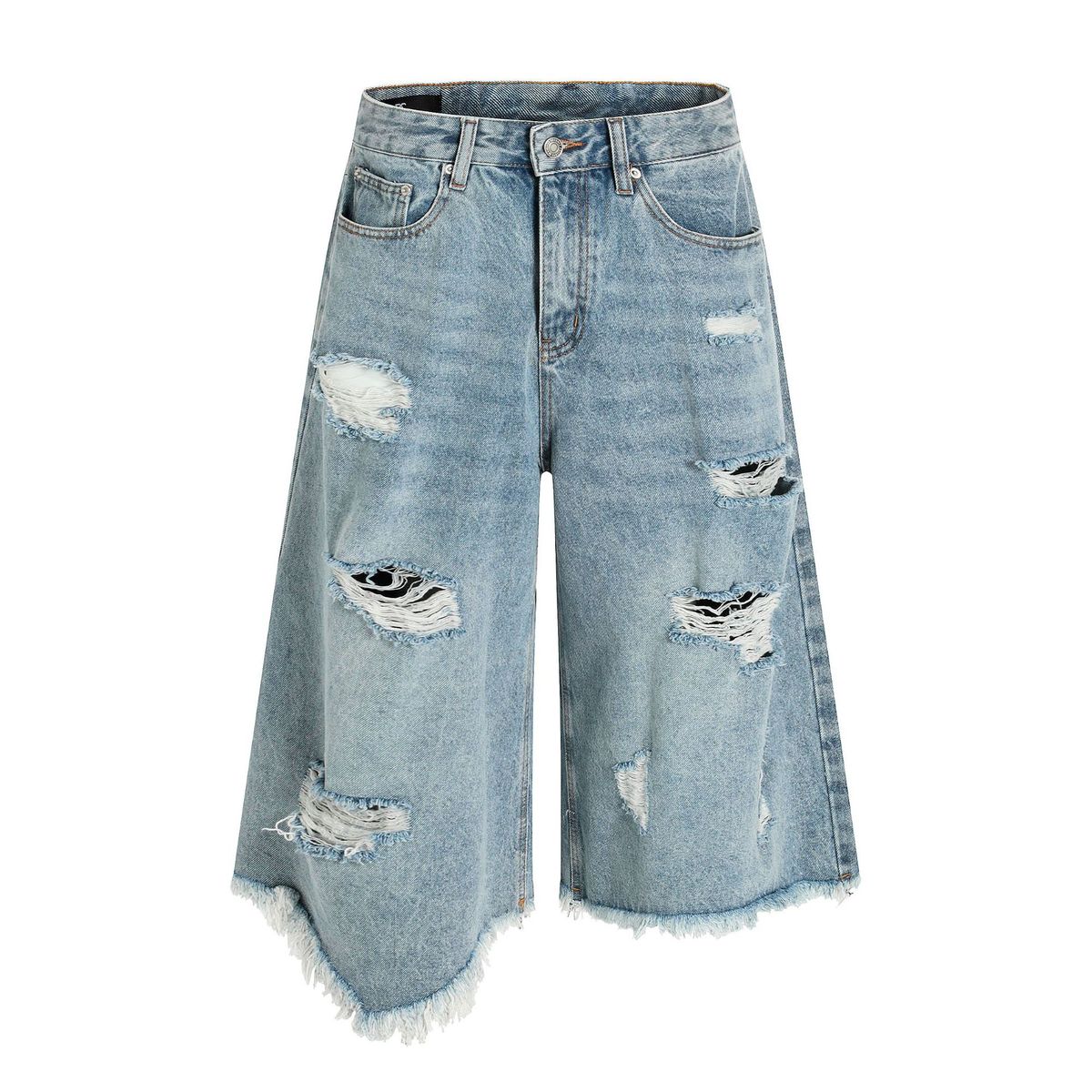 Men's Clothing Street Neutral Retro Ripped High Grade Irregular Design Men's Loose Seven Point Jeans_mkmklike.com