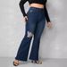 Women's Clothing Plus Size Denim Flared Jeans Dark Blue Ripped And Frayed Hem European And American Style For Women_mkmklike.com