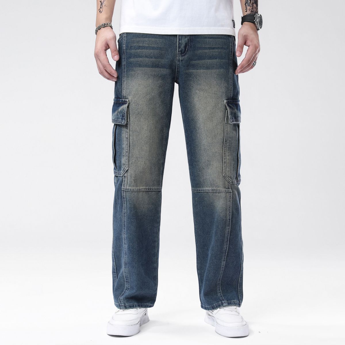 Men's Straight Leg Work Pants - Classic Dark Blue Denim Jeans With Multiple Pockets, Washed Cotton Blend, Casual & Stylish For Everyday Wear_mkmklike.com