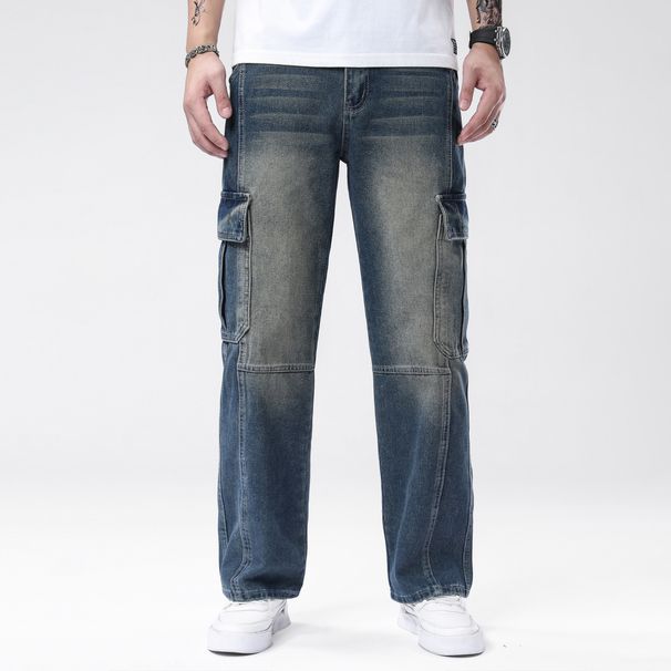 Men's Straight Leg Work Pants - Classic Dark Blue Denim Jeans With Multiple Pockets, Washed Cotton Blend, Casual & Stylish For Everyday Wear_mkmklike.com