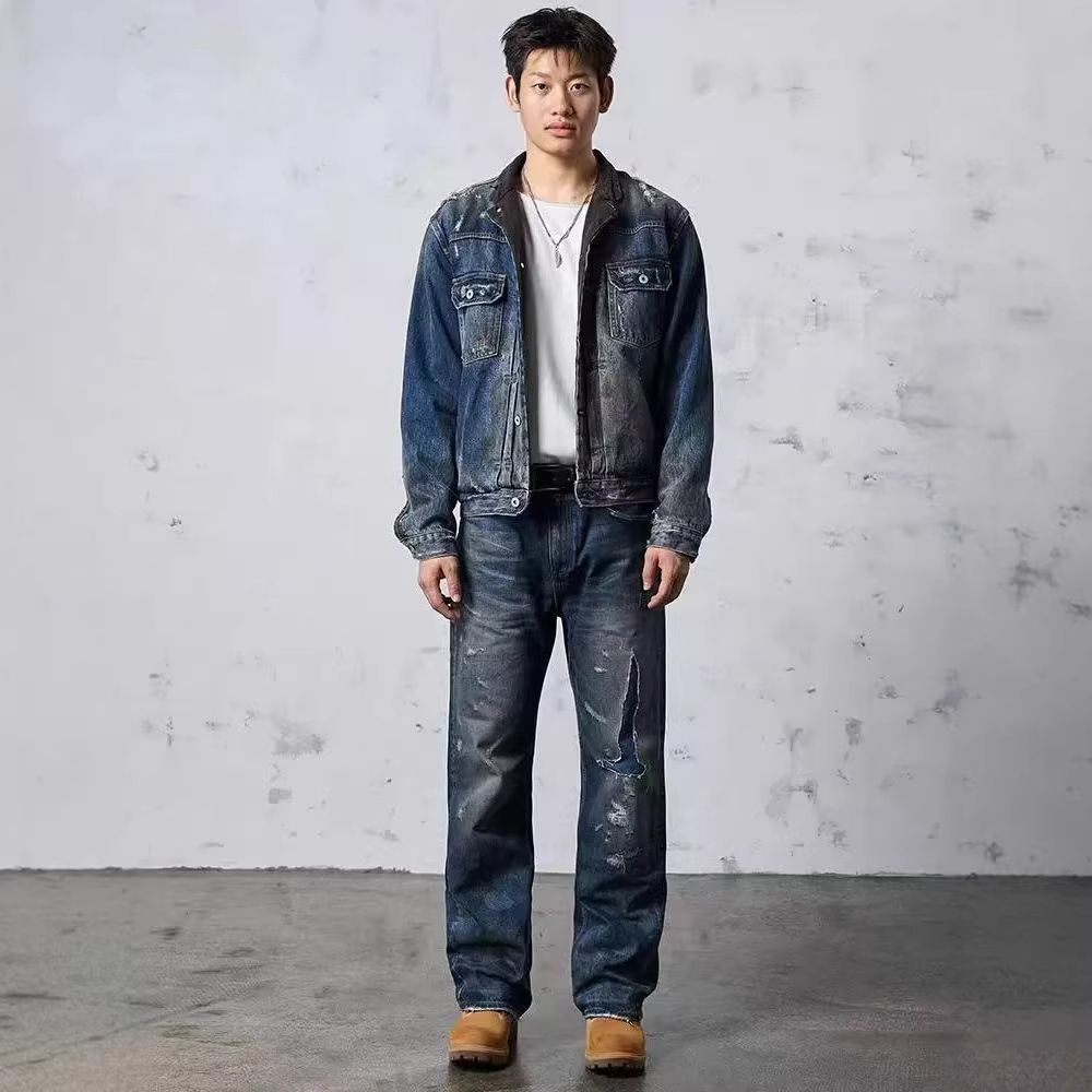 Men's Retro Distressed Wide Leg Straight Leg Jeans Mid Waist Slight Stretch Long Length Street Style Patches_mkmklike.com