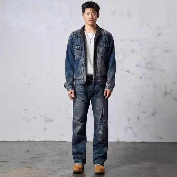 Men's Retro Distressed Wide Leg Straight Leg Jeans Mid Waist Slight Stretch Long Length Street Style Patches_mkmklike.com