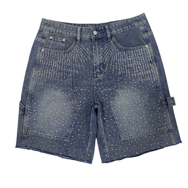Vintage Washed Distressed Denim Shorts For Men – Streetwear Style With Rhinestone Embellishments (Straight Cut, Mid-Thigh Length)_mkmklike.com