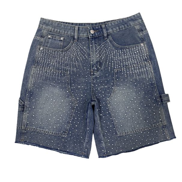 Vintage Washed Distressed Denim Shorts For Men – Streetwear Style With Rhinestone Embellishments (Straight Cut, Mid-Thigh Length)_mkmklike.com