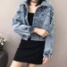 Women's Clothing Women's Embellished Denim Jacket With Rhinestones, Short Cropped Style, Batwing Sleeves, Distressed Details, Casual & Chic_mkmklike.com
