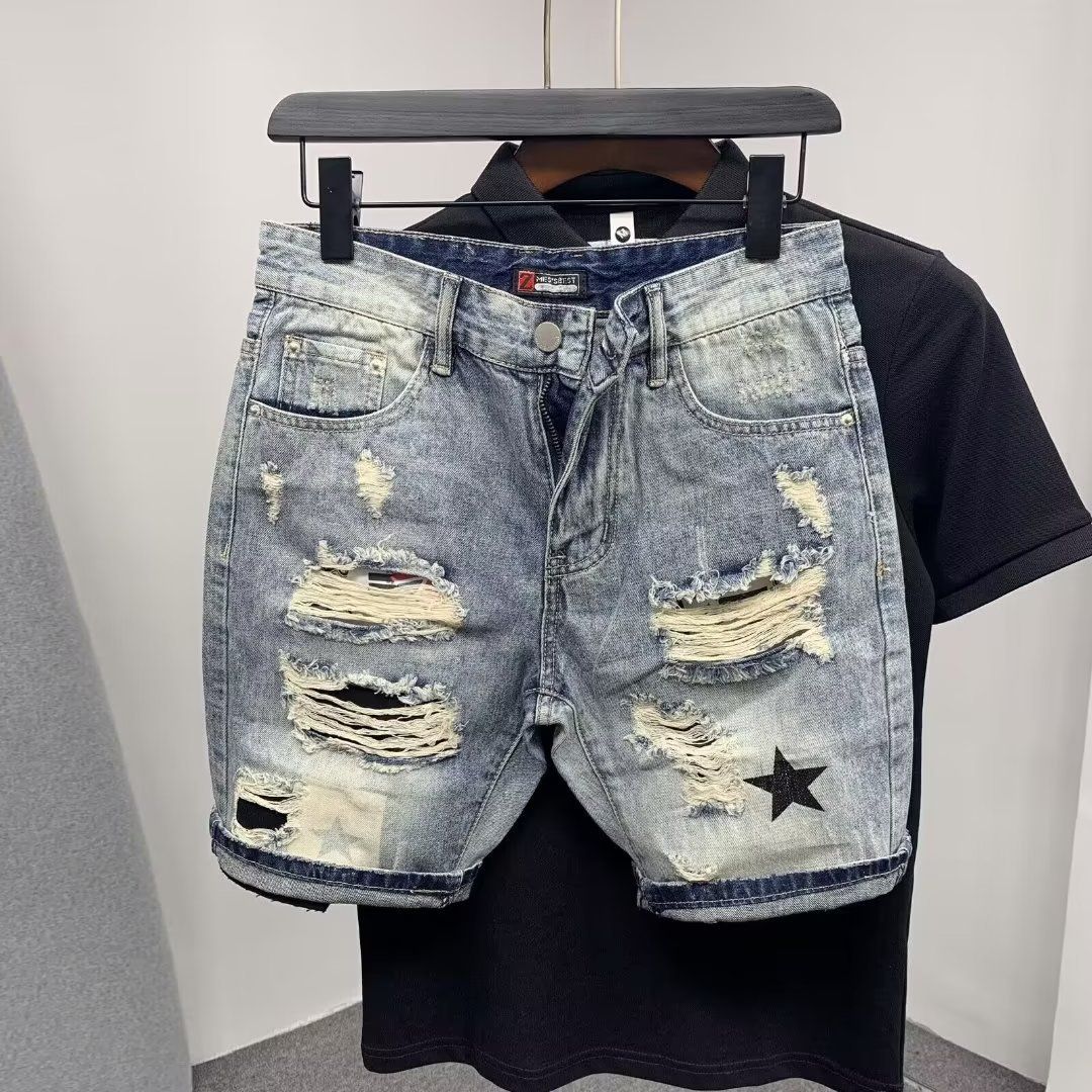 Men's Trendy Ripped Denim Shorts Slim Fit Five Point Length Distressed Shabby Style For Cool Rebellious Look Online Popular_mkmklike.com