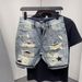 Men's Trendy Ripped Denim Shorts Slim Fit Five Point Length Distressed Shabby Style For Cool Rebellious Look Online Popular_mkmklike.com
