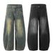 American Stle Vintage Washed Denim Scimitar Pants Men Heav Stitching Split Deconstructed Loose Wide Leg Trousers_mkmklike.com