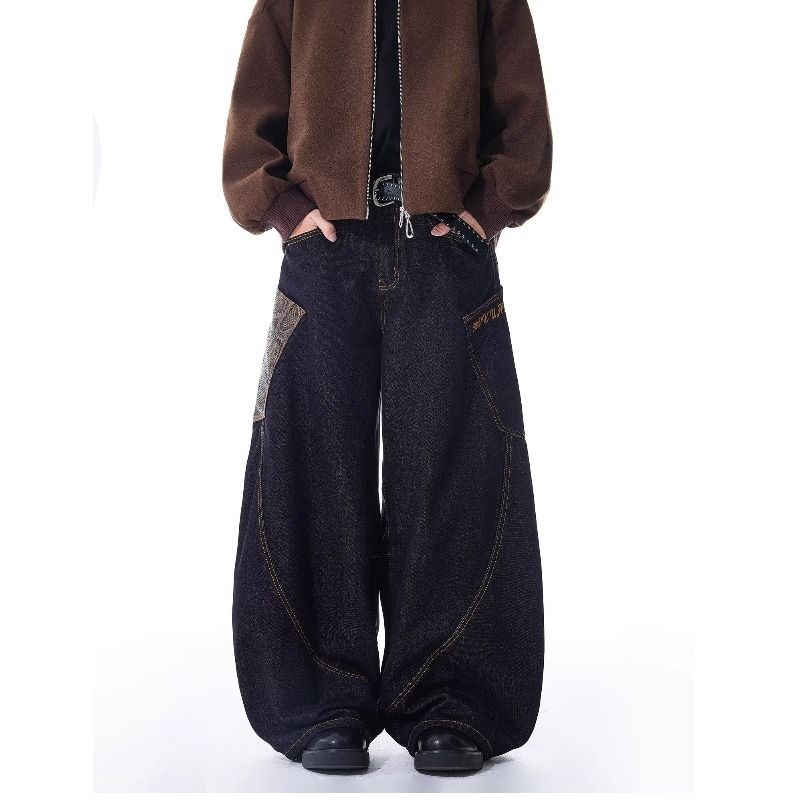 Men's Clothing Blue Straight Jeans Men And Women Spring New Style Cat Whisker Design Loose Wide Leg Casual Long Pants_mkmklike.com