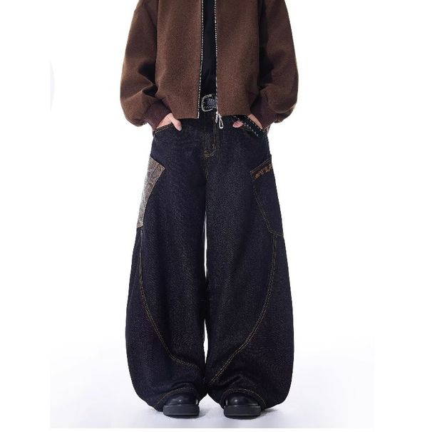 Men's Clothing Blue Straight Jeans Men And Women Spring New Style Cat Whisker Design Loose Wide Leg Casual Long Pants_mkmklike.com