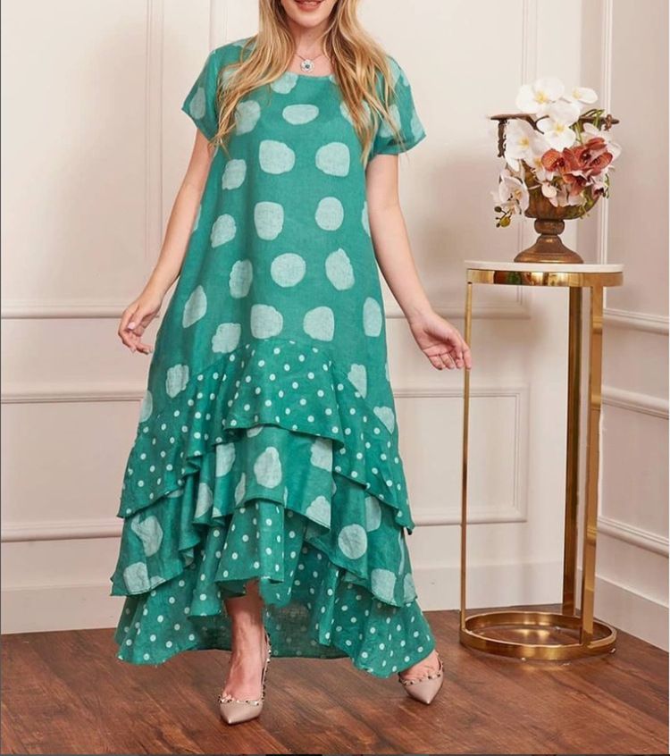 Women's Clothing Short-sleeved Round Neck Polka Dot Long Dress Plus Size_mkmklike.com