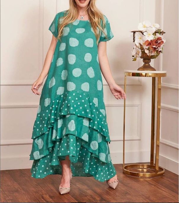 Women's Clothing Short-sleeved Round Neck Polka Dot Long Dress Plus Size_mkmklike.com
