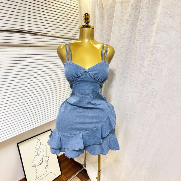 Women's Clothing Summer Elastic Waist Sexy Denim Suspender Dress Ruffled Hip Skirt Female_mkmklike.com
