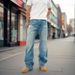 Vintage Light Blue Wide Leg Jeans For Men & Women, High Waist Straight Leg Distressed Denim Pants, Summer Washed Retro Style_mkmklike.com
