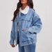 "Women's Sherpa-Lined Denim Jacket – Detachable Faux Fur Collar Trucker Coat (S-2XL, Light Blue)"_mkmklike.com