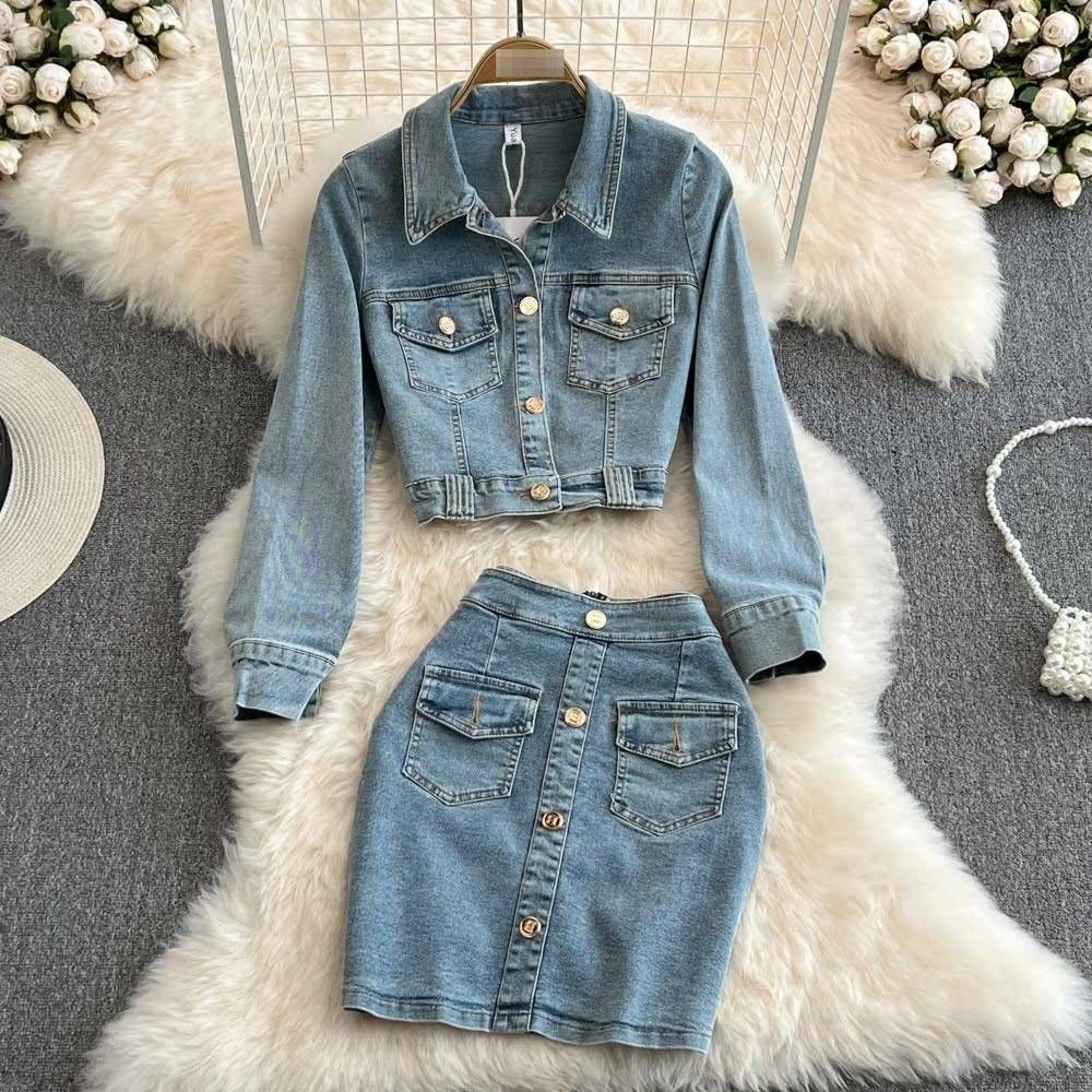 Women's Denim Jacket & High Waist Pencil Skirt Two-Piece Set - Slim Fit Short Cropped Blazer With Button Front & Bodycon Mini Skirt (Blue, S/M/L)_mkmklike.com