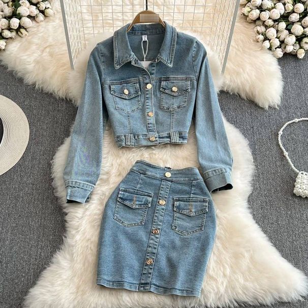 Women's Denim Jacket & High Waist Pencil Skirt Two-Piece Set - Slim Fit Short Cropped Blazer With Button Front & Bodycon Mini Skirt (Blue, S/M/L)_mkmklike.com