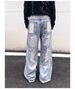 Men's American High Street Style Washed Ripped Jeans Loose Straight Leg Casual Edgy Slightly Flared Blue Mid Waist Zipper Fly_mkmklike.com
