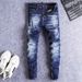 Men's Ripped Skinny Jeans High Street Style Distressed Dark Blue Washed Trendy Brand Embroidered Retro Slim Fit Jeans_mkmklike.com
