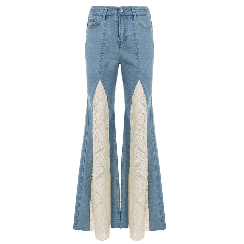 Cross-border Foreign Trade Women's Clothing: Lace Splicing, Color-blocking, Vintage Bell-bottom Pants, Versatile And_mkmklike.com