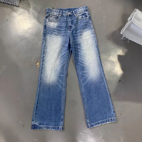 Blue Washed Jeans – High-Ounce A-Line Wide Leg Denim With Whisker & Fading (80% Cotton, Rigid No-Stretch For Unisex Retro Streetwear)_mkmklike.com