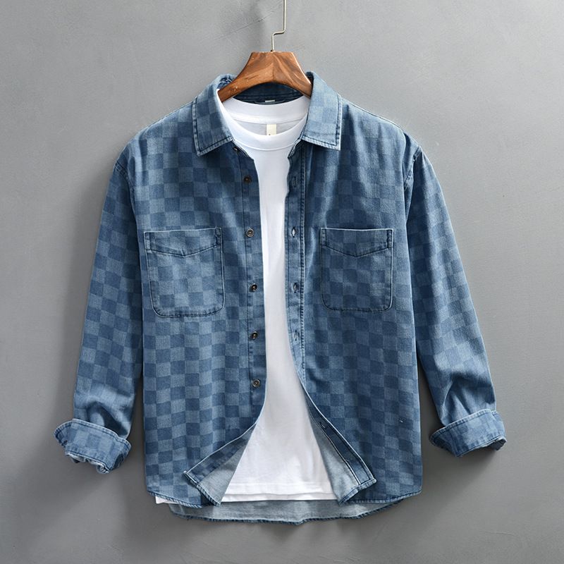Men's Casual Checkered Denim Long Sleeved Shirt_mkmklike.com