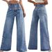 "Floral Print High-Waisted Wide Leg Jeans – Retro Button Detail & Side Slits (Blue, S-XXL)"_mkmklike.com